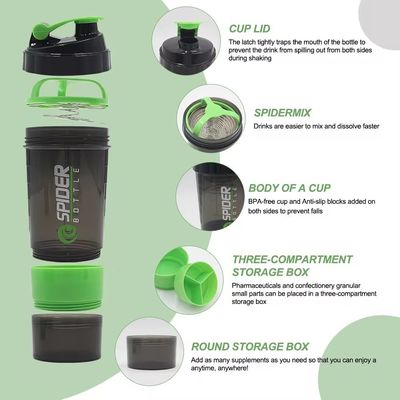 Proof de fuite 16 oz Fitness Gym Sports Protein Mix Shaker Bouteille avec deux compartiments supplémentaires