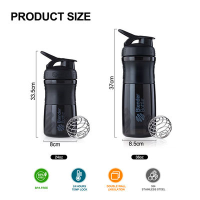 Boule en acier inoxydable Portable sans BPA Gym Bouteille de mélangeur de protéines en plastique pour les sports