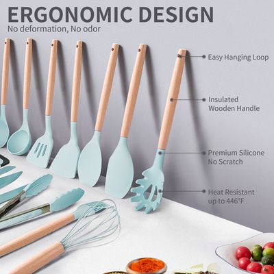 Manche en bois 19 pièces d' ustensiles de cuisine en silicone avec un seau de rangement pour planche à découper
