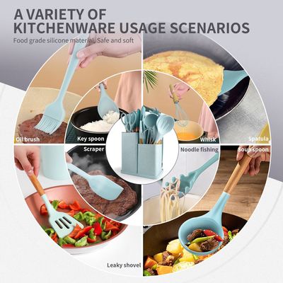 Manche en bois 19 pièces d' ustensiles de cuisine en silicone avec un seau de rangement pour planche à découper
