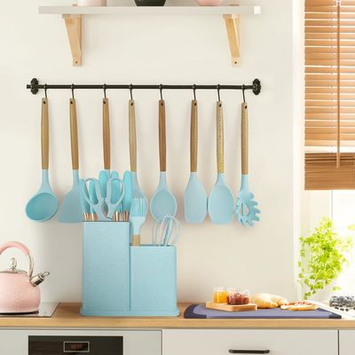 Manche en bois 19 pièces d' ustensiles de cuisine en silicone avec un seau de rangement pour planche à découper