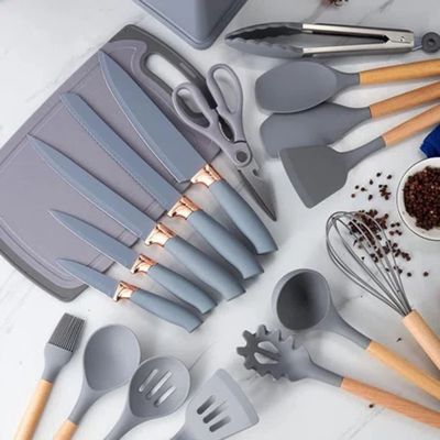 Manche en bois 19 pièces d' ustensiles de cuisine en silicone avec un seau de rangement pour planche à découper
