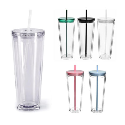 Coupe transparente réutilisable 24 oz isolée double paroi en plastique avec couvercle et paille