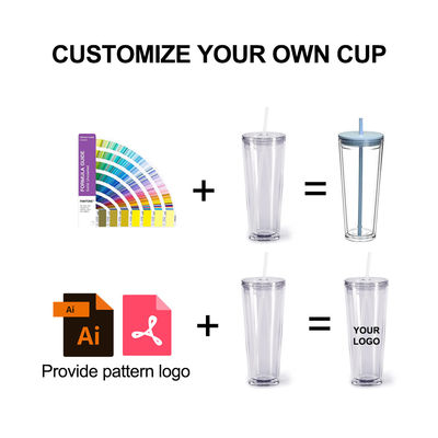 Coupe transparente réutilisable 24 oz isolée double paroi en plastique avec couvercle et paille