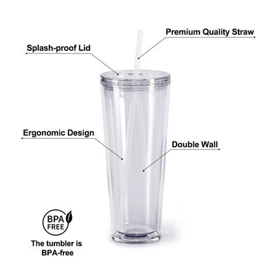 Coupe transparente réutilisable 24 oz isolée double paroi en plastique avec couvercle et paille