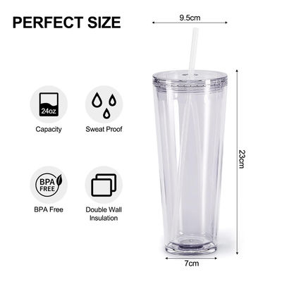 Coupe transparente réutilisable 24 oz isolée double paroi en plastique avec couvercle et paille