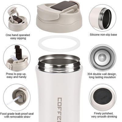 Bouteille de café de voyage isolée sous vide en acier inoxydable 14 oz/400 ml avec couvercle et paille