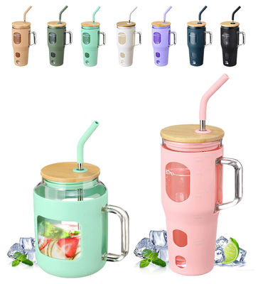Emblème personnalisé Tumbler en verre réutilisable 32 oz avec poignée de couvercle en bambou et manche en silicone