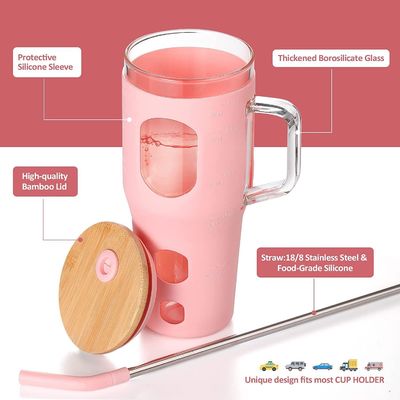 Emblème personnalisé Tumbler en verre réutilisable 32 oz avec poignée de couvercle en bambou et manche en silicone