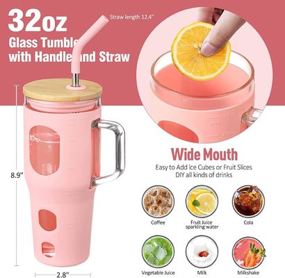 Emblème personnalisé Tumbler en verre réutilisable 32 oz avec poignée de couvercle en bambou et manche en silicone