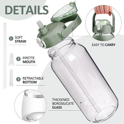 Bouteille d'eau en verre sans BPA de 64 oz avec paille et horodatage Bouteille de sport motivationnelle