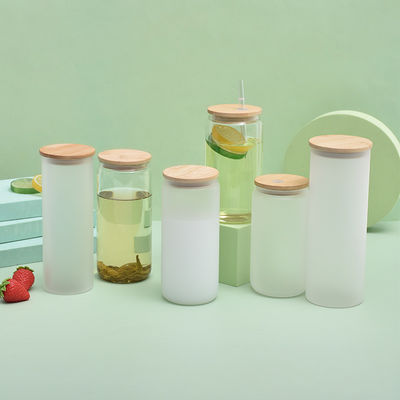12 oz/16 oz/25 oz Mug de lait en verre Sublimation bière boîte en forme de tasse avec couvercle de bambou et paille