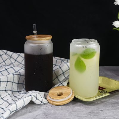 12 oz/16 oz/25 oz Mug de lait en verre Sublimation bière boîte en forme de tasse avec couvercle de bambou et paille