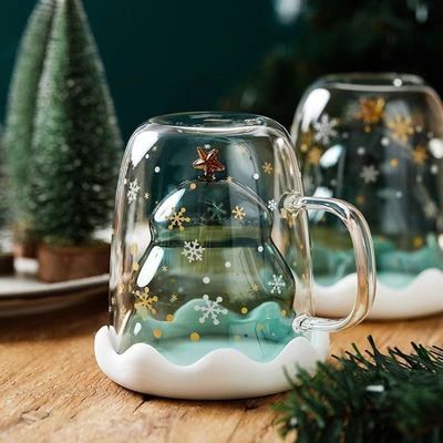 300 ml de tasses en verre de Noël à double paroi avec un design mignon et un logo personnalisé