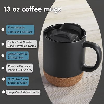 Grande tasse à café avec poignée de style minimaliste, couvercle isolé à base de liège anti-éclaboussures