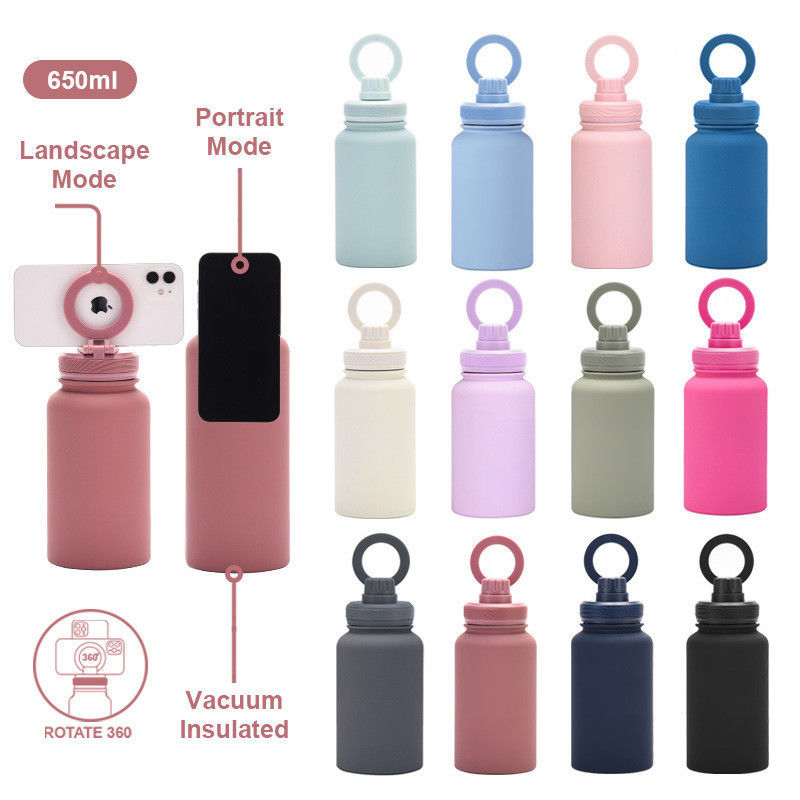 Bouteille d'eau en acier inoxydable isolée pour le sport avec support magnétique pour téléphone portable