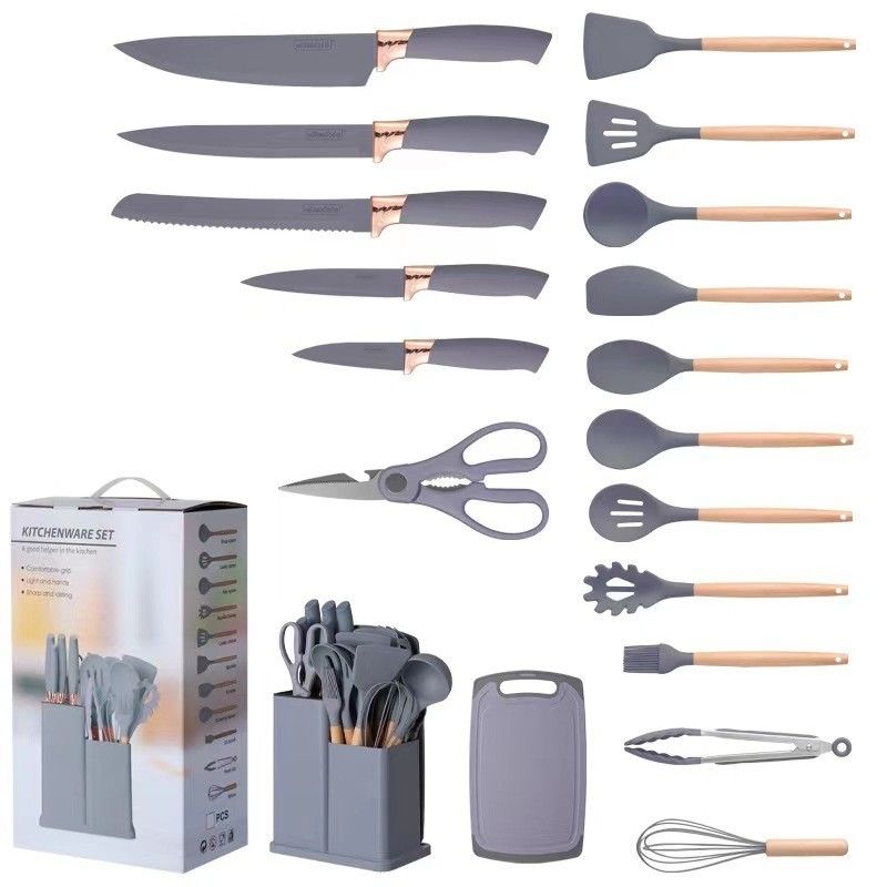 Manche en bois 19 pièces d' ustensiles de cuisine en silicone avec un seau de rangement pour planche à découper
