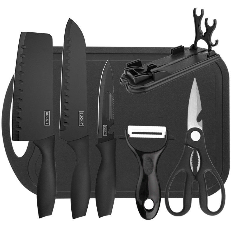 Couteau de cuisinier en acier inoxydable de 7 pièces avec bloc de découpe en plastique et support de planche